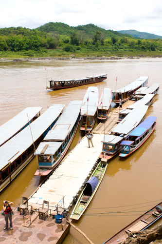 Boats on river Mekong below Pak Ou Caves 